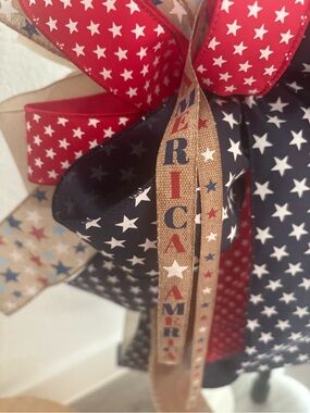 Hand Crafted  XL Patriotism Bow Red, Navy Star Ribbon Bow NEW Final Sale